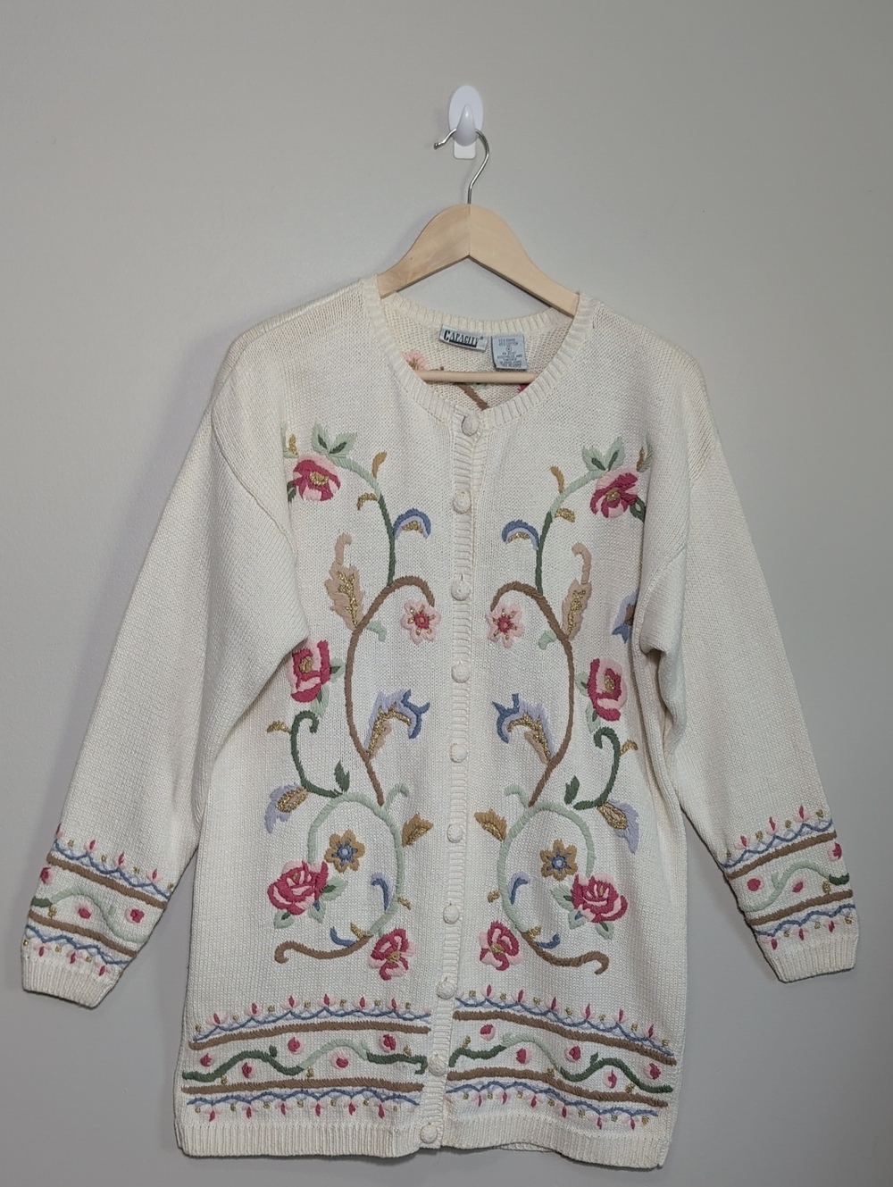 Vtg 90s Cream Floral Embroidered Cardigan Sweater Oversized Medium Cottagecore